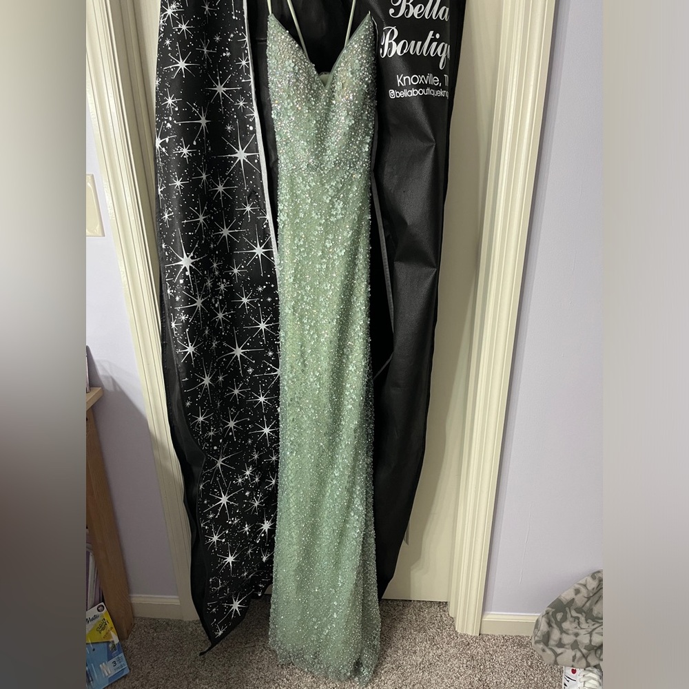 La Femme Sage Green Sequin Prom Dress